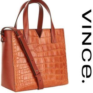 VINCE Signature V Croc-Embossed Leather Crossbody Tote WHISKEY